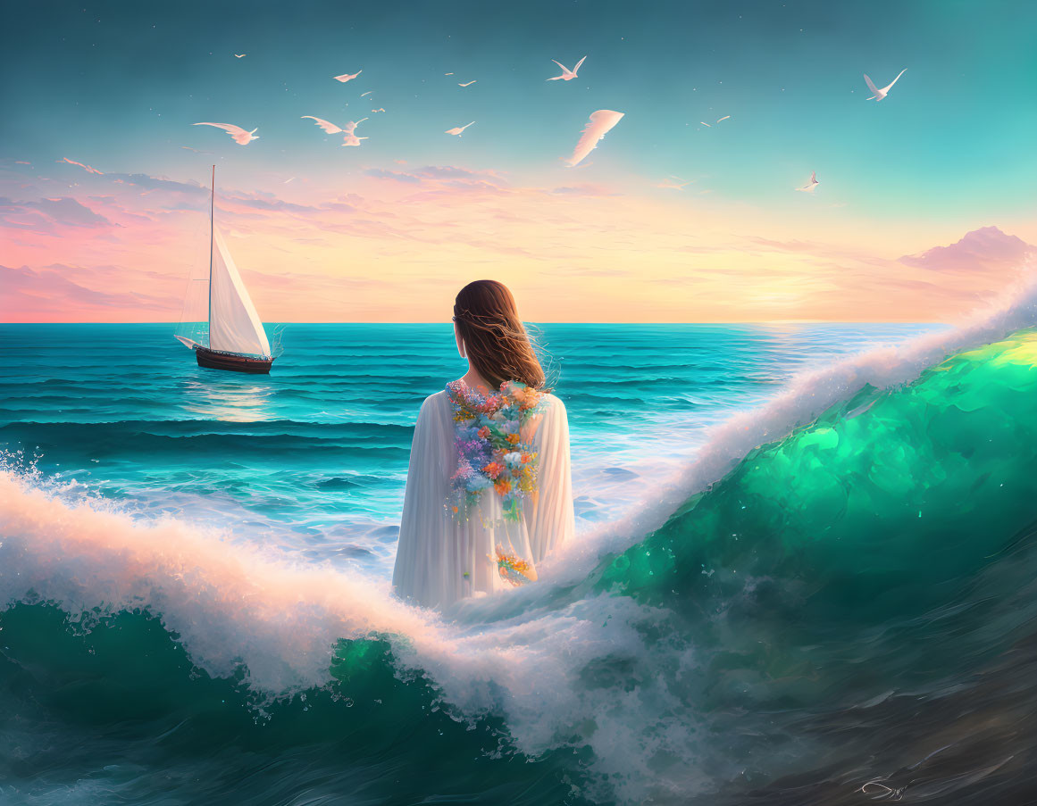 Woman in floral garment admires sailboat on vibrant ocean at sunset