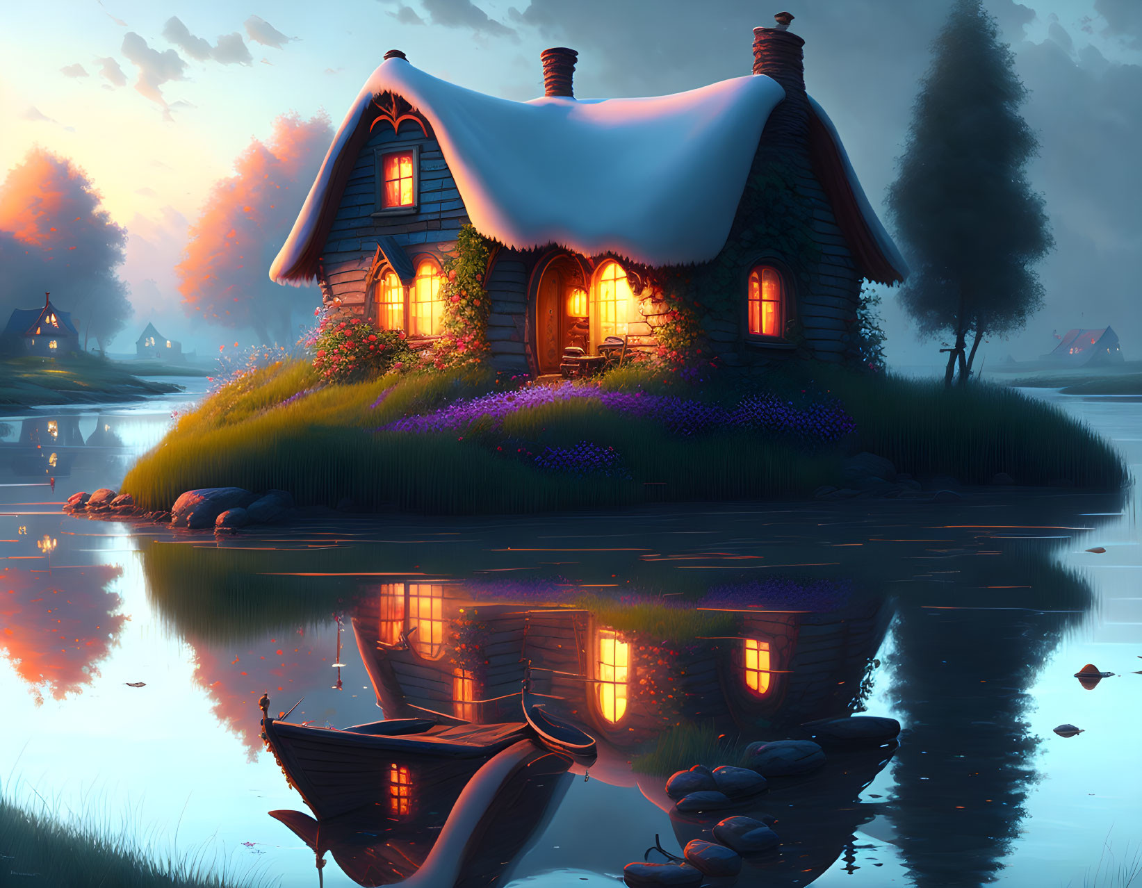 Thatched Cottage by Serene Lake at Twilight