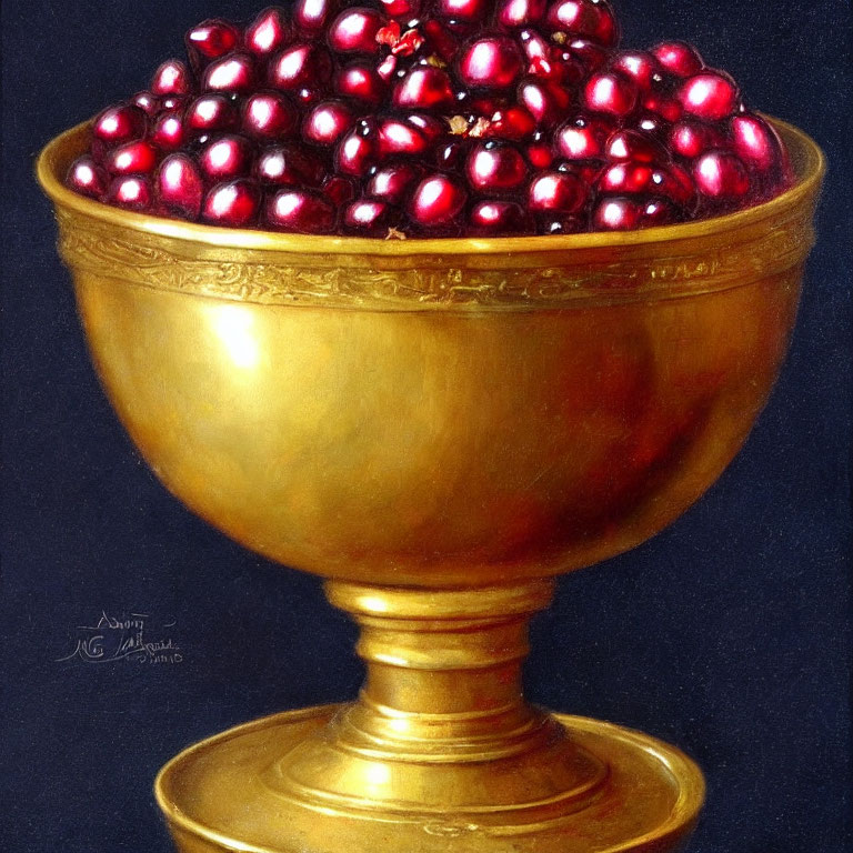 Golden chalice with red cherries on dark background