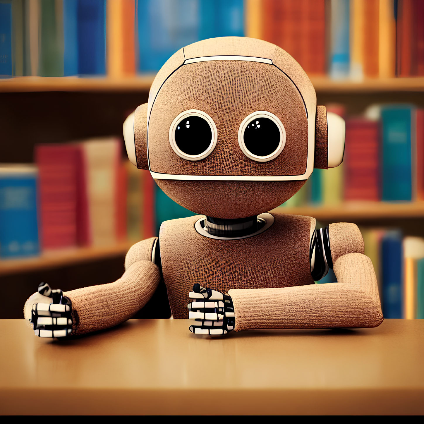 Cloth-Textured Robot with Expressive Eyes and Headphones at Wooden Table