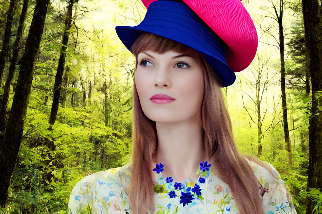 Woman in Blue and Pink Hat & Floral Dress Against Green Forest