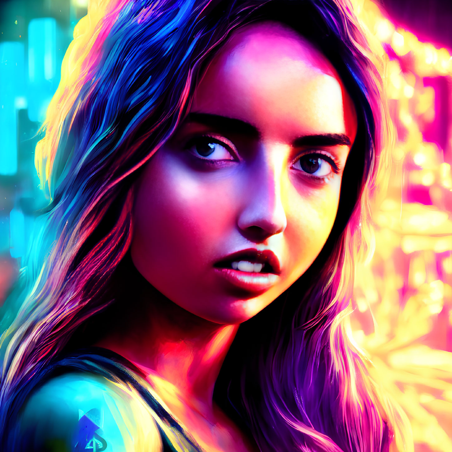 Colorful Portrait of Young Woman with Intense Gaze in Neon Tones