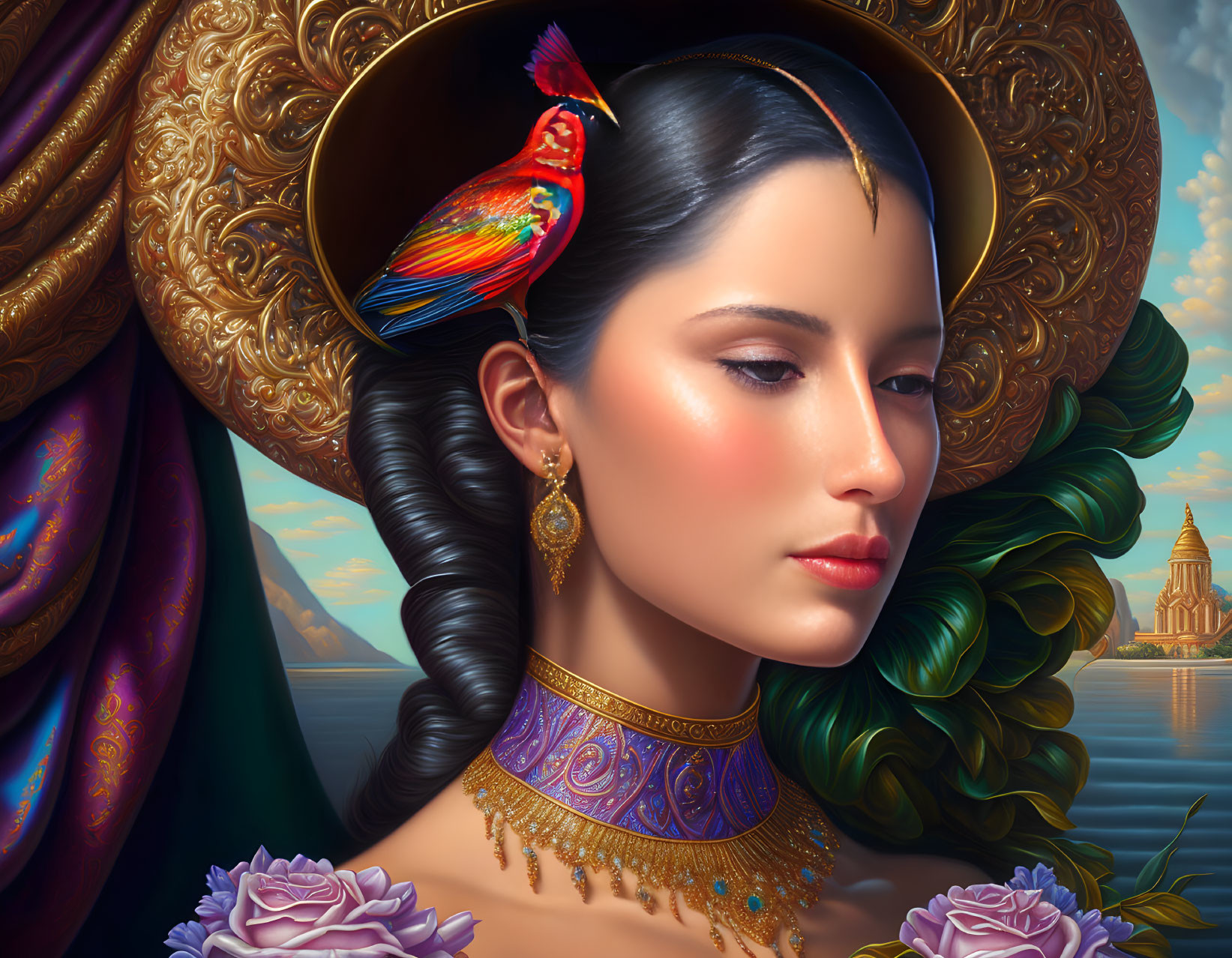 Detailed digital portrait of woman with gold headdress, parrot, braided hair, ornate jewelry