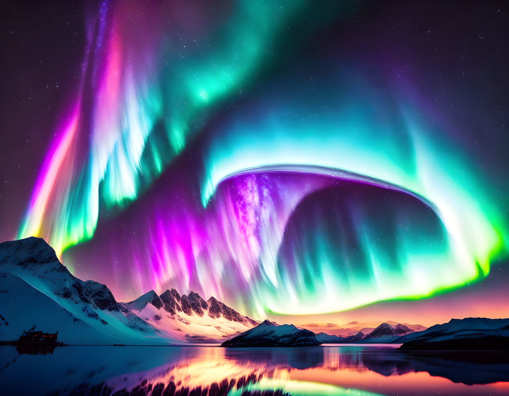 Northern Lights Dance Over Snowy Mountain and Lake