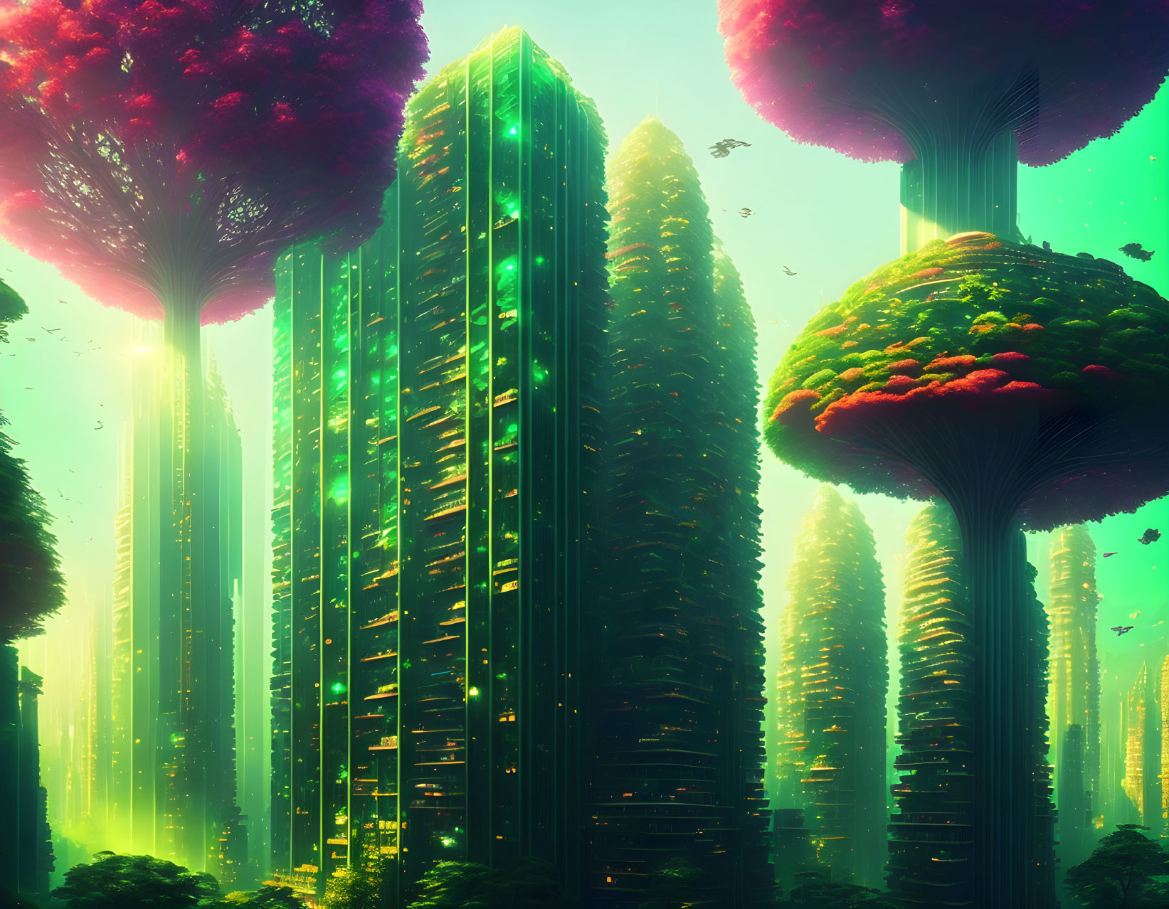 Futuristic cityscape with tree-like skyscrapers and illuminated sky