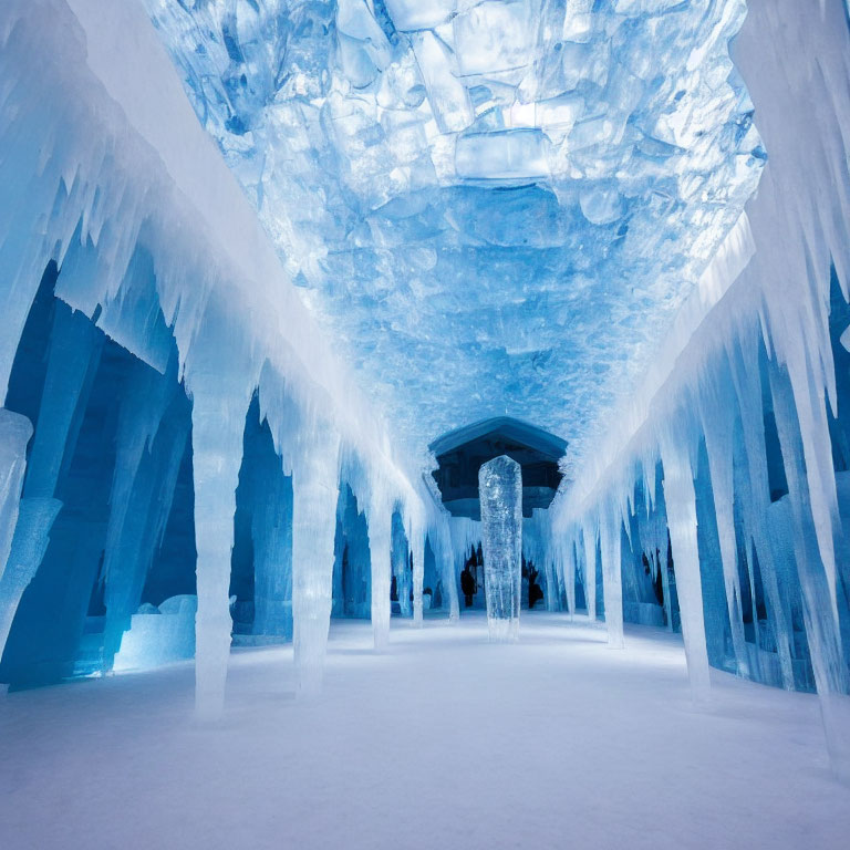 Translucent Blue Ice Cave with Icicles and Stalactite-like Formations