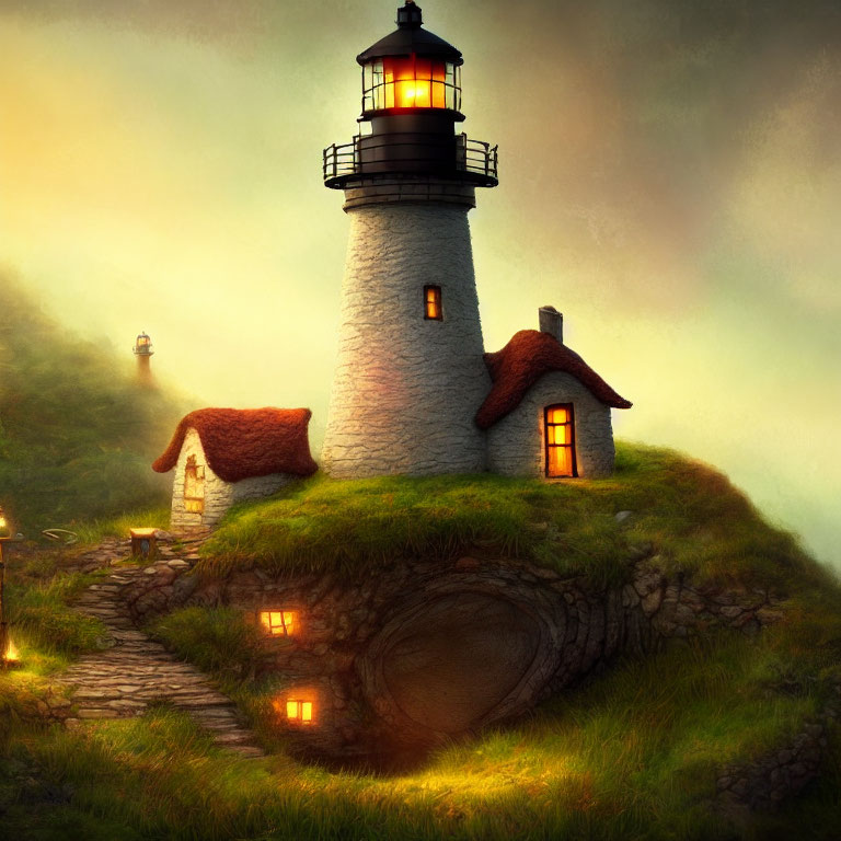 Tranquil lighthouse and cottage on grassy knoll at dusk.