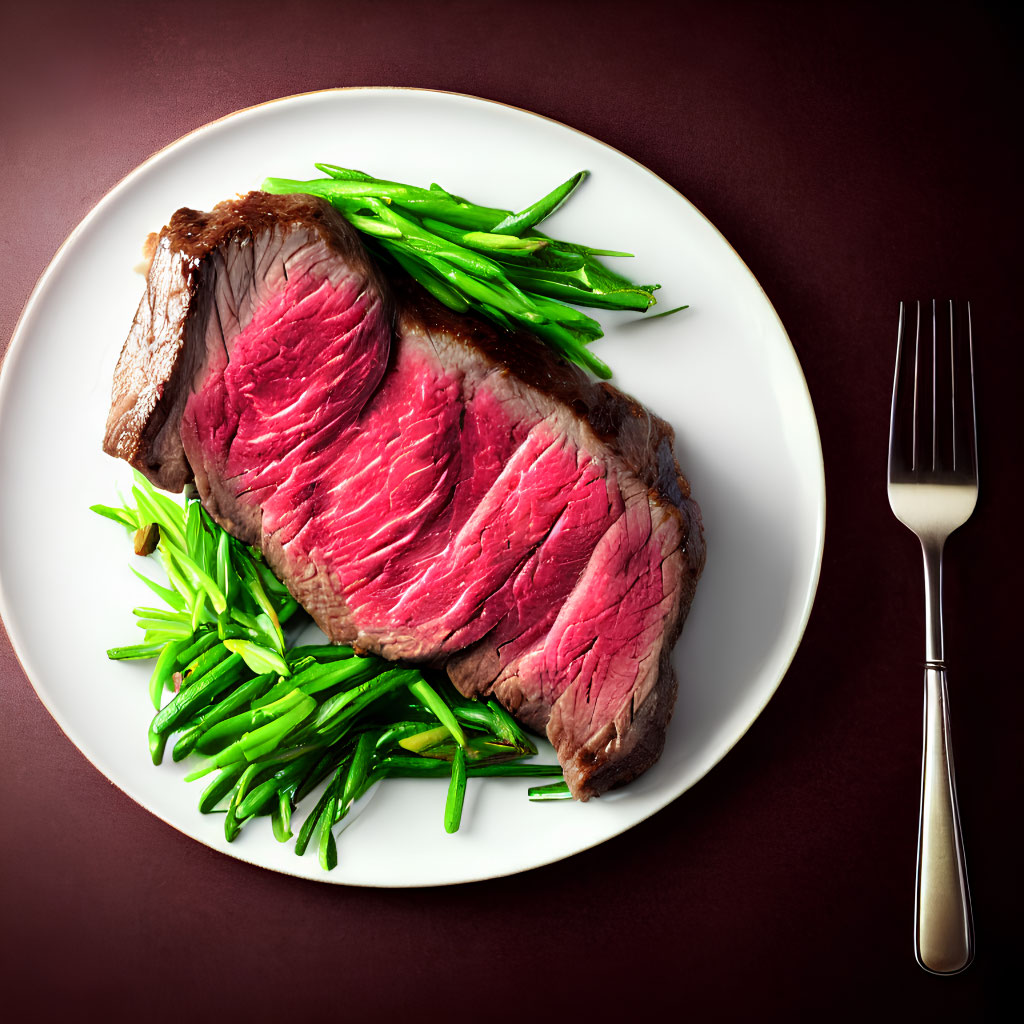 Medium-Rare Steak Slices with Green Beans on White Plate