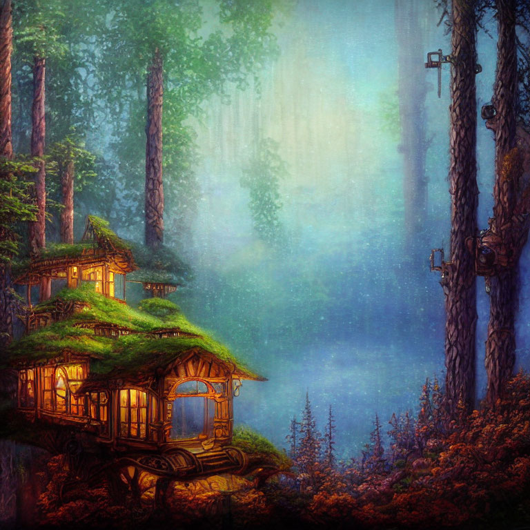 Mystical forest scene with tall trees and illuminated treehouses