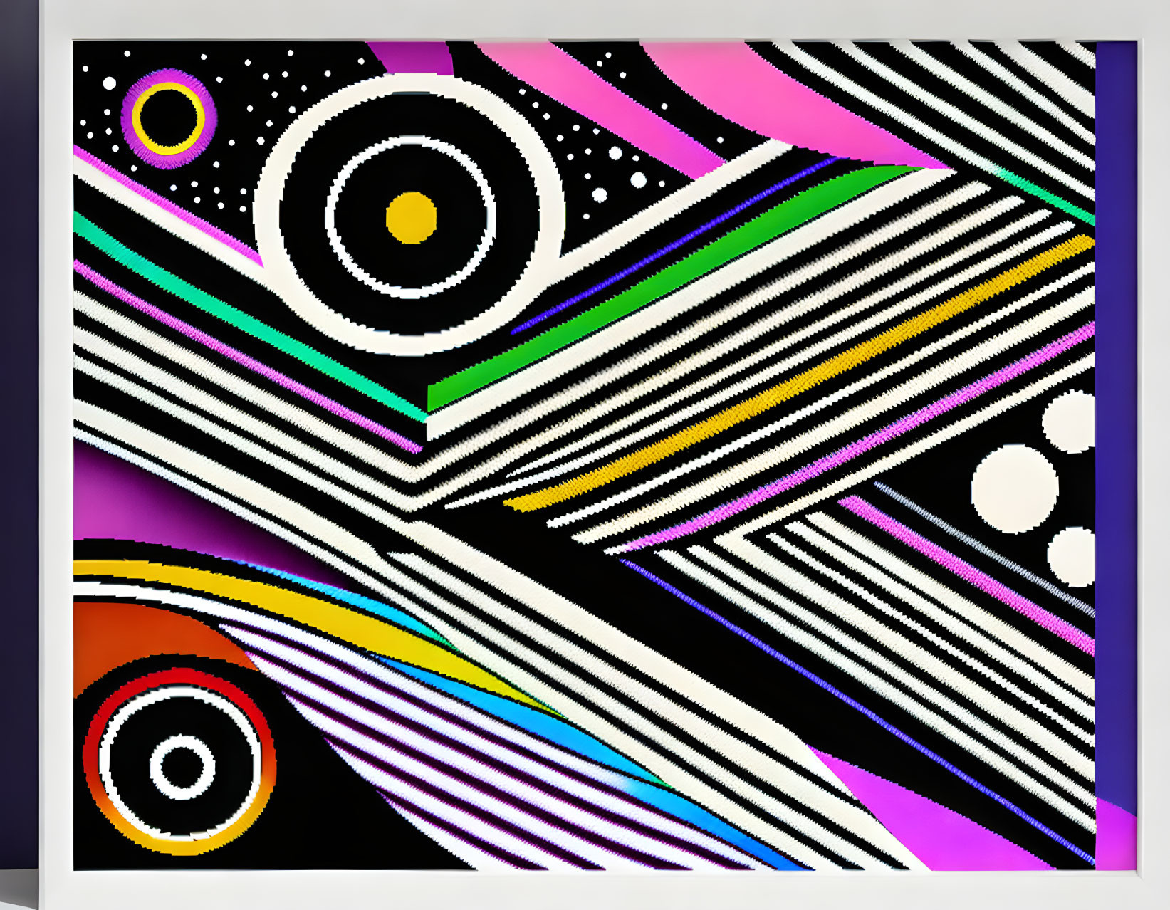 Colorful Geometric Pattern on Black Background with Stripes and Circles