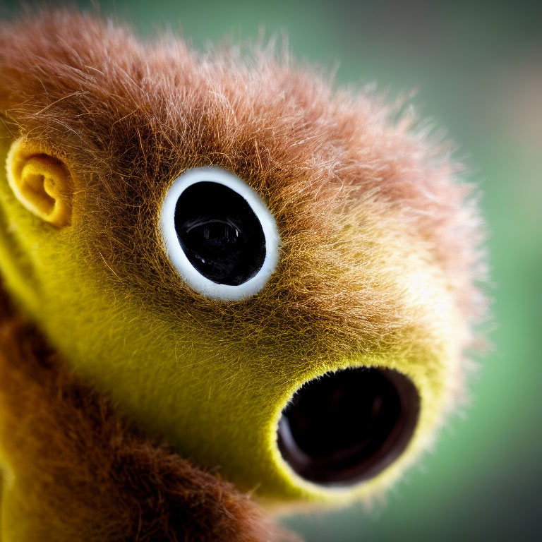 Toy with Big White Eyes, Brown Furry Body, and Round Black Mouth on Green Background