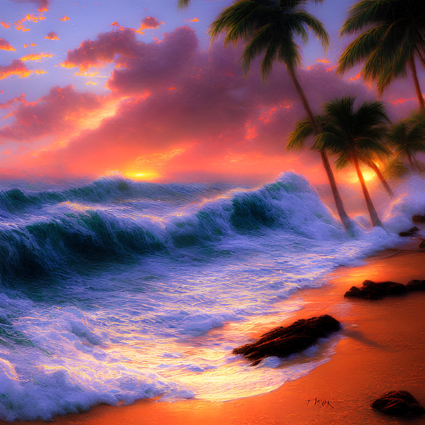 Tranquil Sunset Beach Scene with Palm Trees and Birds