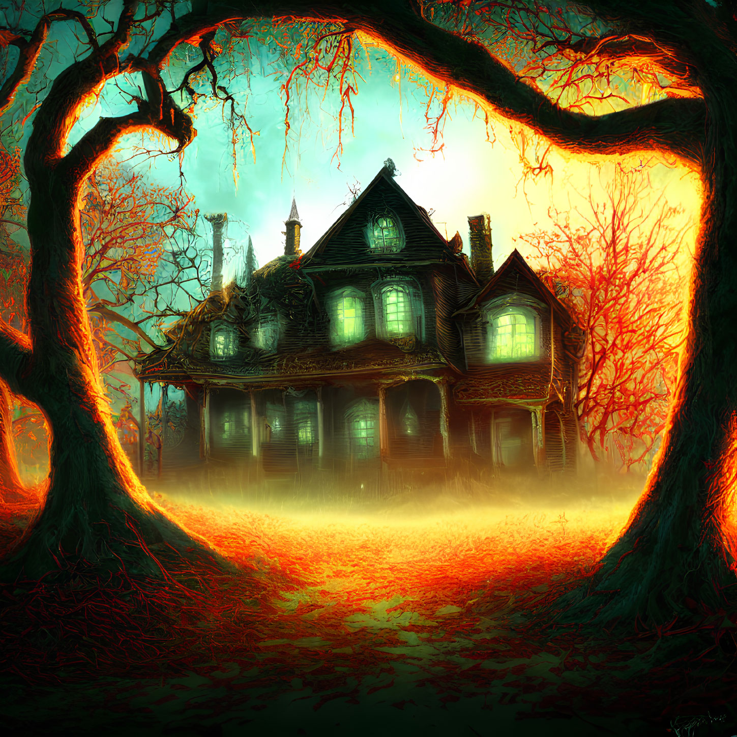 Eerie Victorian house in red forest with twisted trees