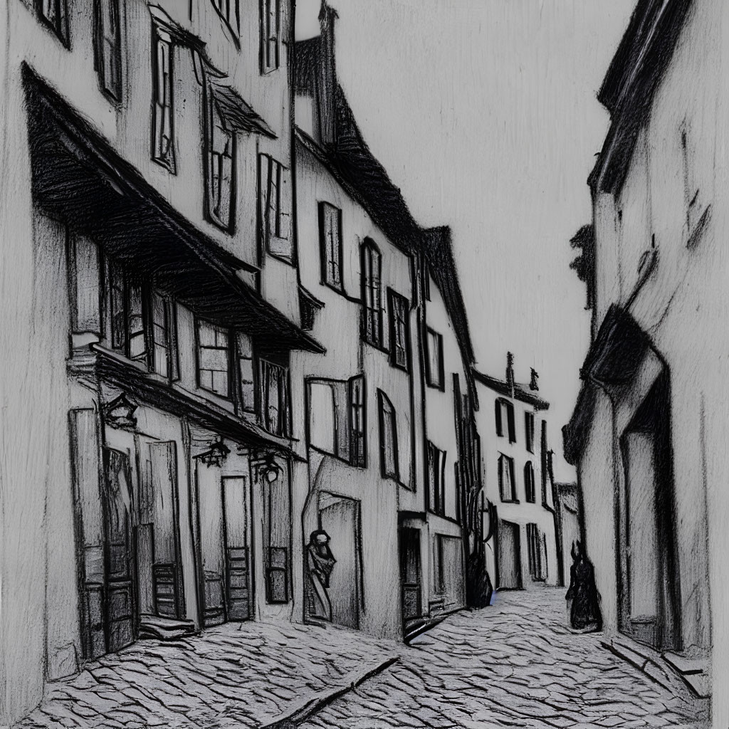 Monochrome sketch of narrow cobblestone street with European buildings