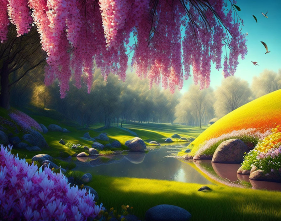 Tranquil pond with blooming cherry blossoms and lush landscape