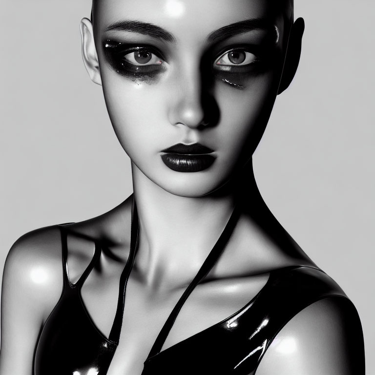 Stylized monochromatic female figure with large eyes and glossy lips