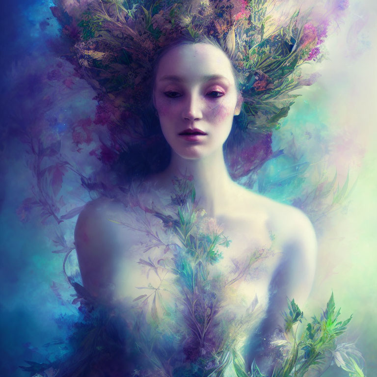 Surreal portrait of woman with foliage head and botanical elements in blue and purple tones