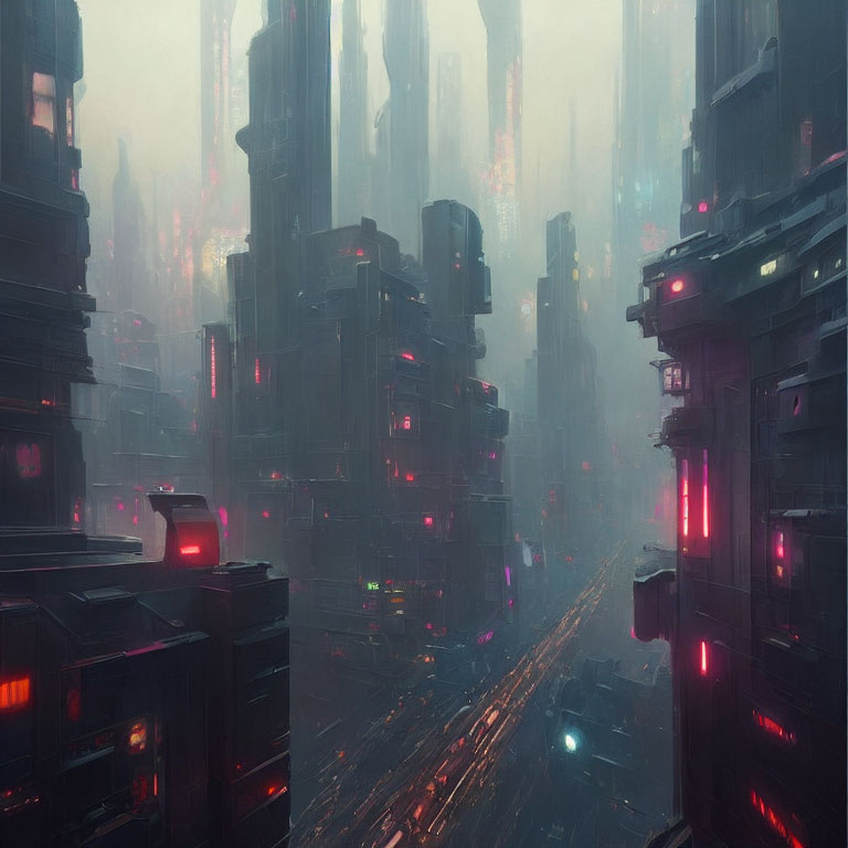 Misty dystopian cityscape with neon-lit skyscrapers under gloomy sky