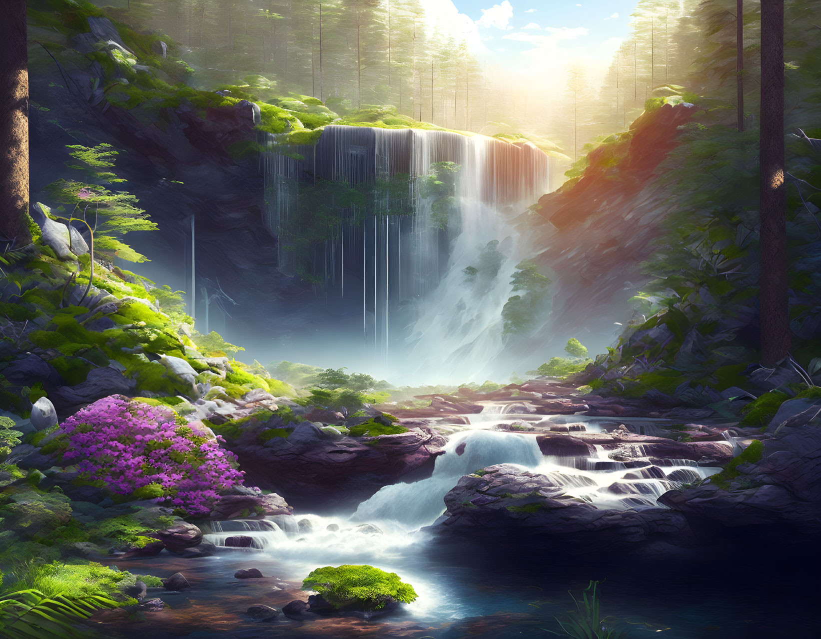 Tranquil forest scene with waterfall and purple flowers