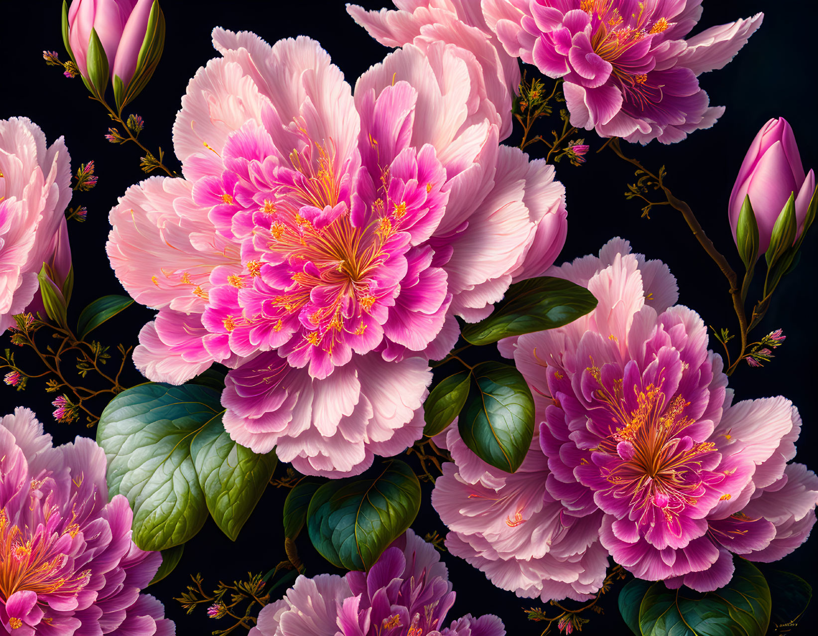 Detailed illustration of pink peonies on dark background