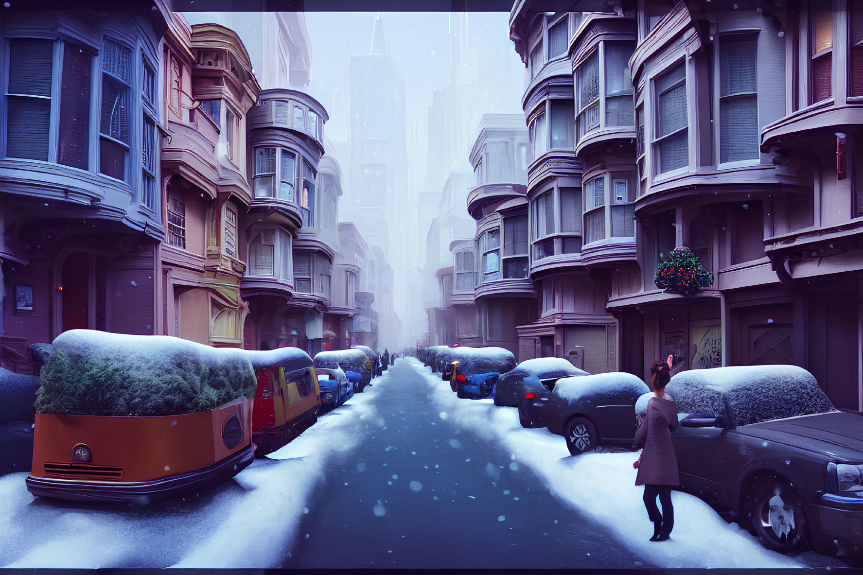 Snowy Street Scene with Vintage Townhouses and Parked Cars at Twilight