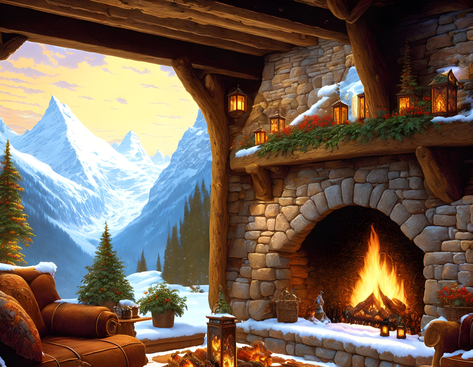 Snowy Mountain Cabin Interior with Fireplace & Festive Decor