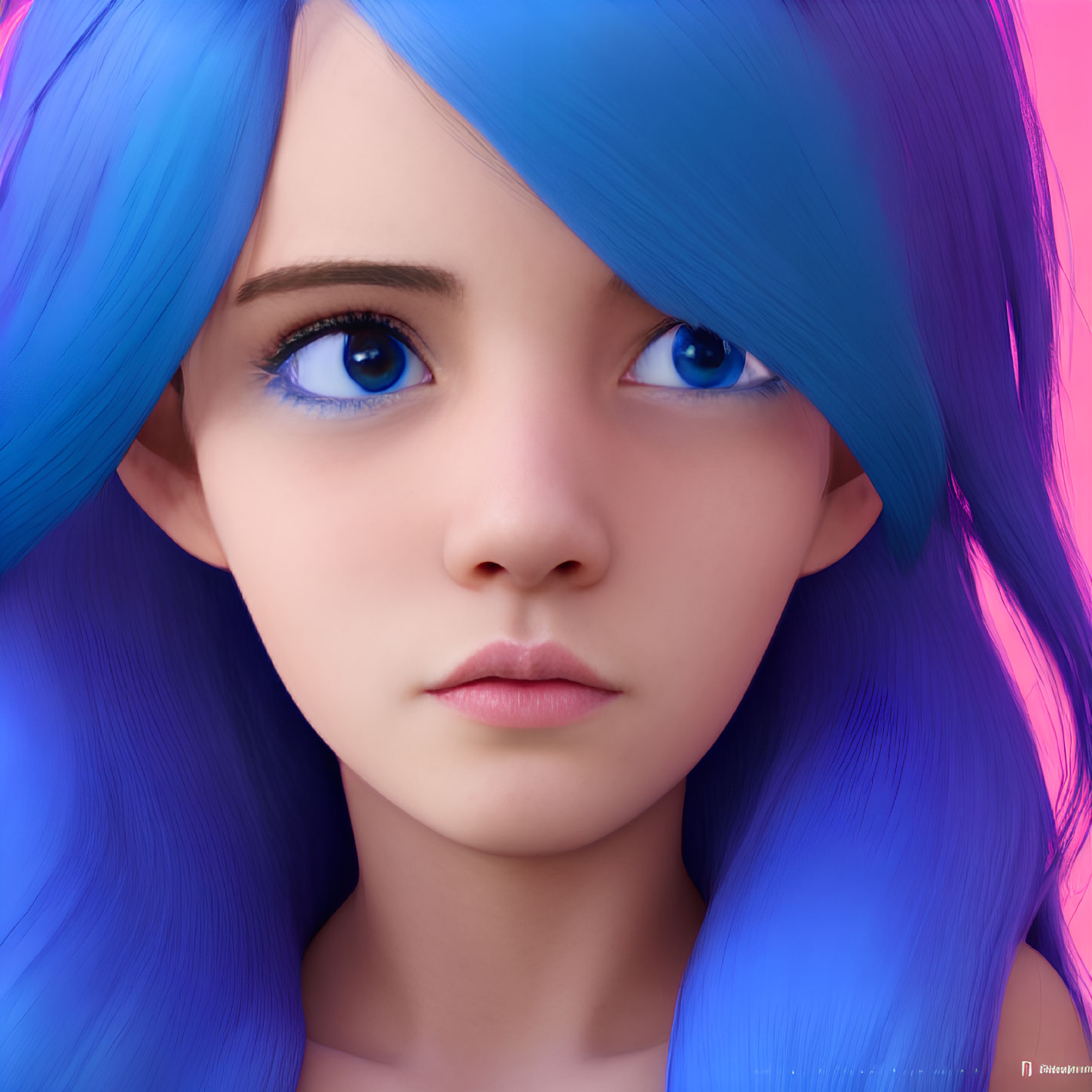 Close-Up Digital Portrait of Girl with Vibrant Blue Hair and Blue Eyes on Pink Background