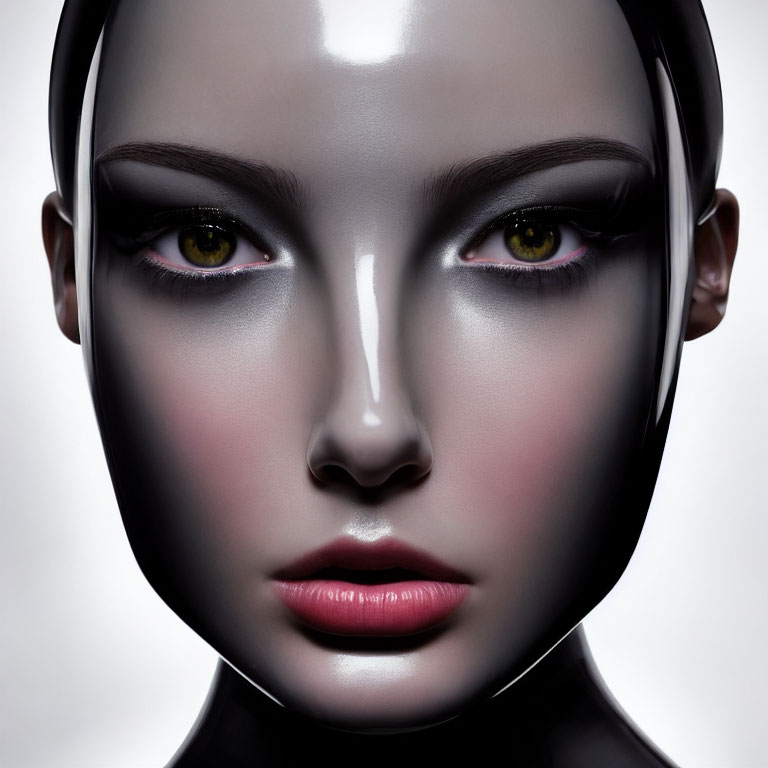 Detailed depiction of humanoid face with pale skin, yellow eyes, full lips