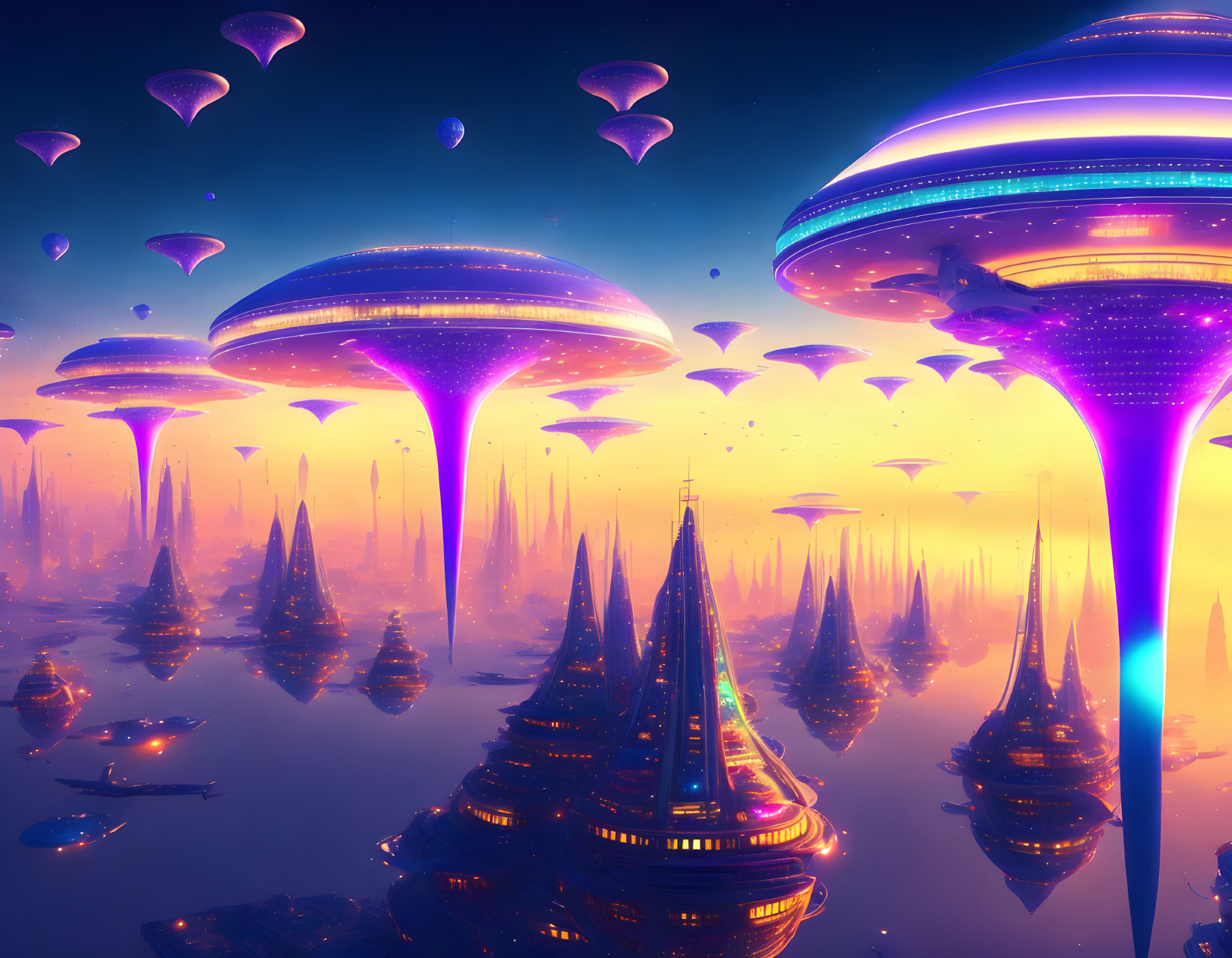 Futuristic twilight cityscape with floating structures and illuminated domes