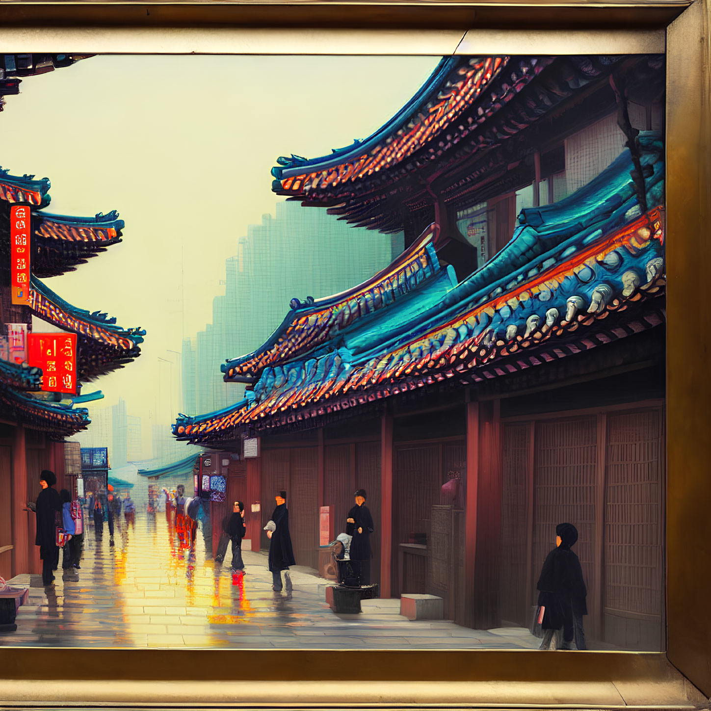 Vibrant Asian street scene with red and blue buildings, lanterns, and people walking on wet