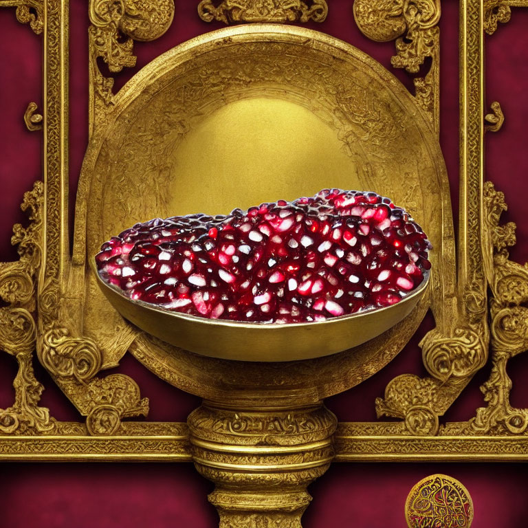 Golden bowl with pomegranate seeds on decorative pedestal against red background