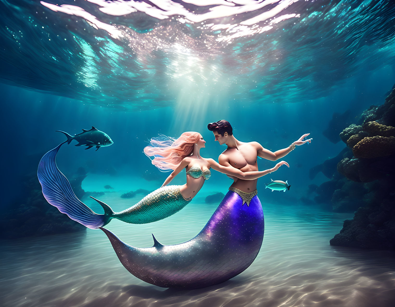 Colorful Merpeople Floating Underwater with Fish and Flora