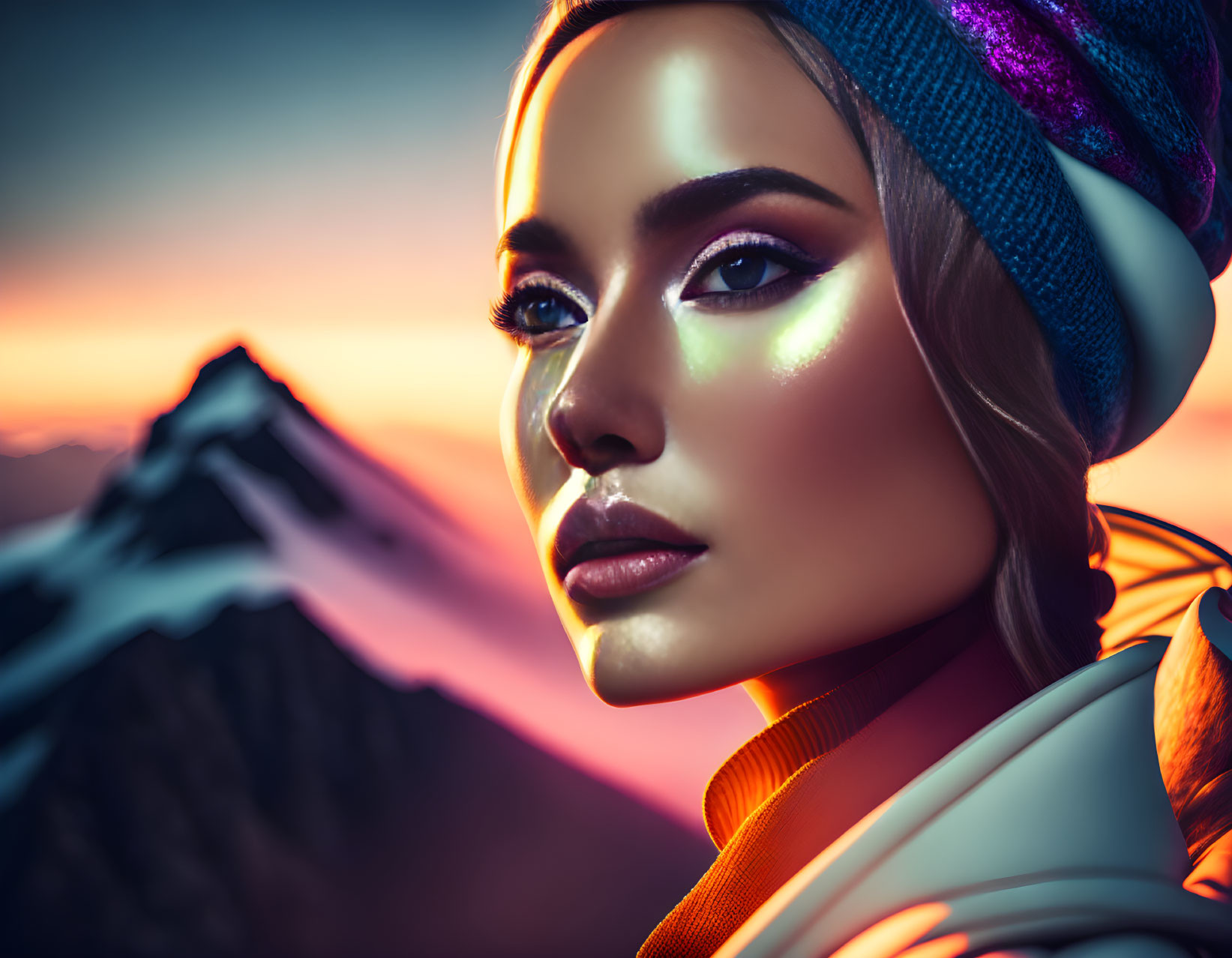 Portrait of woman with blue headwrap and bold makeup against mountainous sunset.