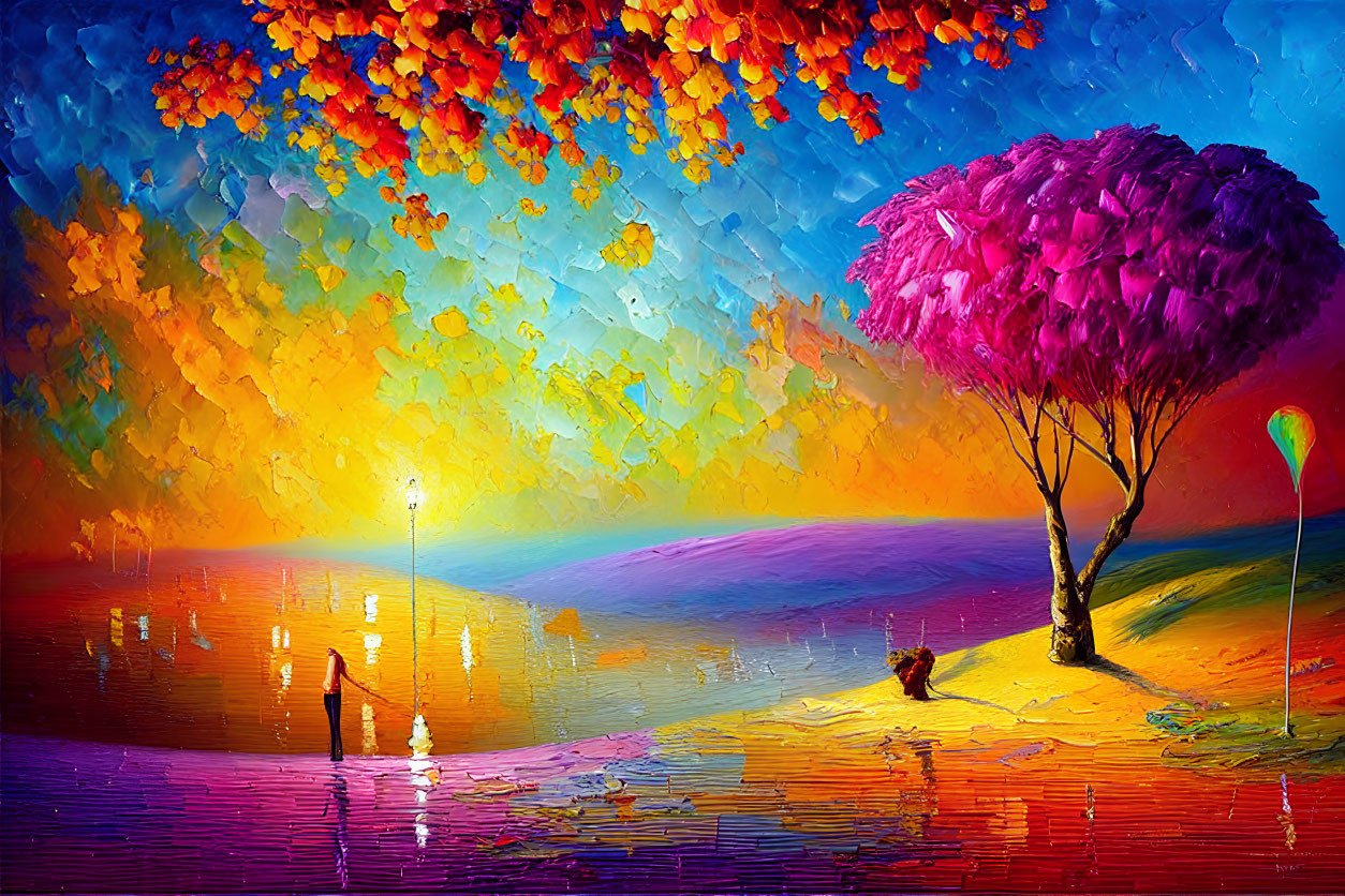 Multicolored sky, reflective water, red and pink trees, solitary figure with kite