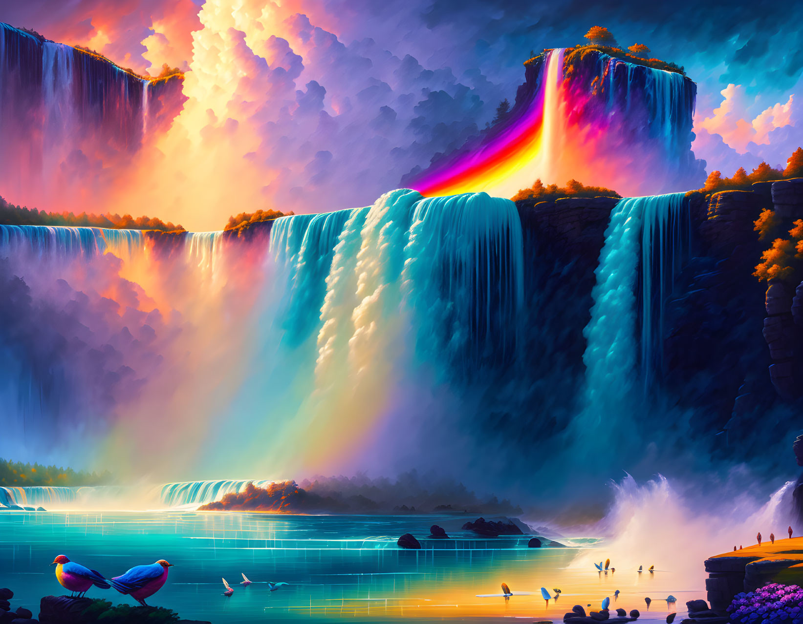 Digital Art: Cascading Waterfalls with Rainbow in Dramatic Sky