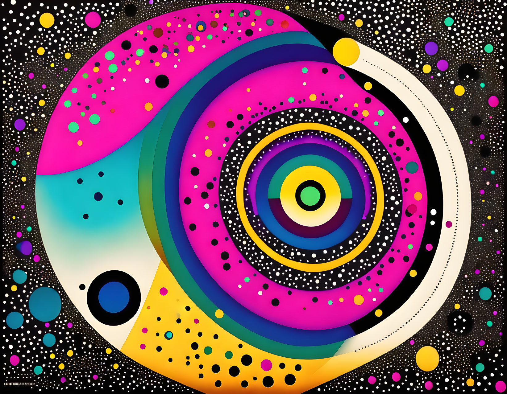 Colorful Abstract Painting with Concentric Circles and Polka Dots