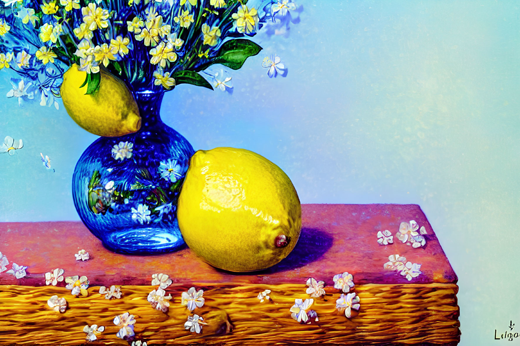 Colorful still life painting with blue vase, yellow flowers, lemon, and white blossoms