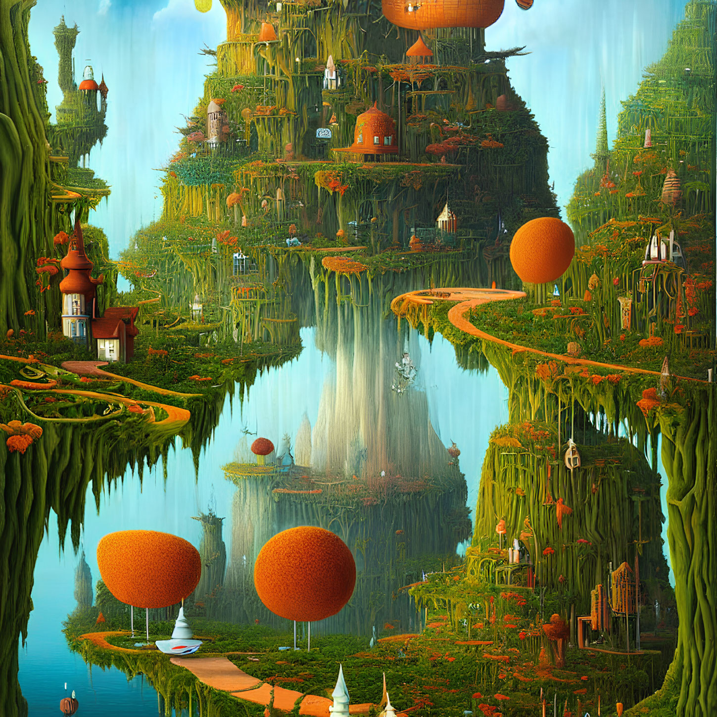 Vertical Fantasy Landscape with Tree-like Structures and Waterfalls