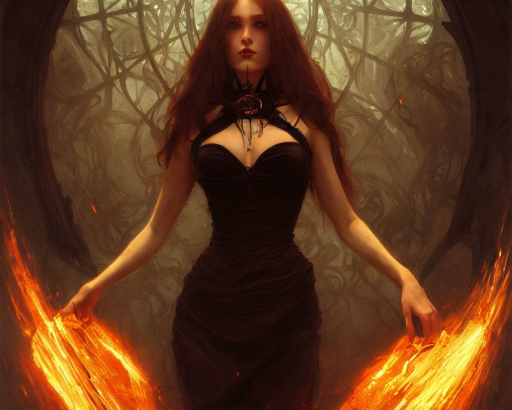 Red-haired woman in black dress holds flames in mystical forest with twisted branch archway