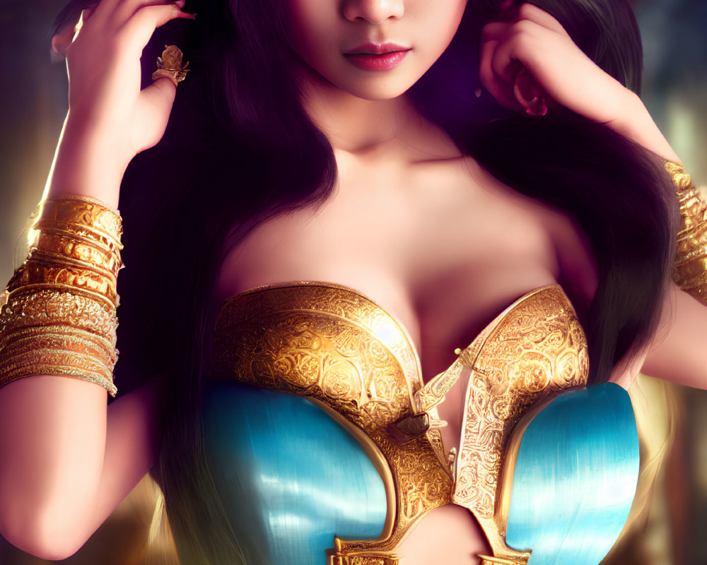 Digital Artwork: Woman with Long Black Hair and Gold Jewelry