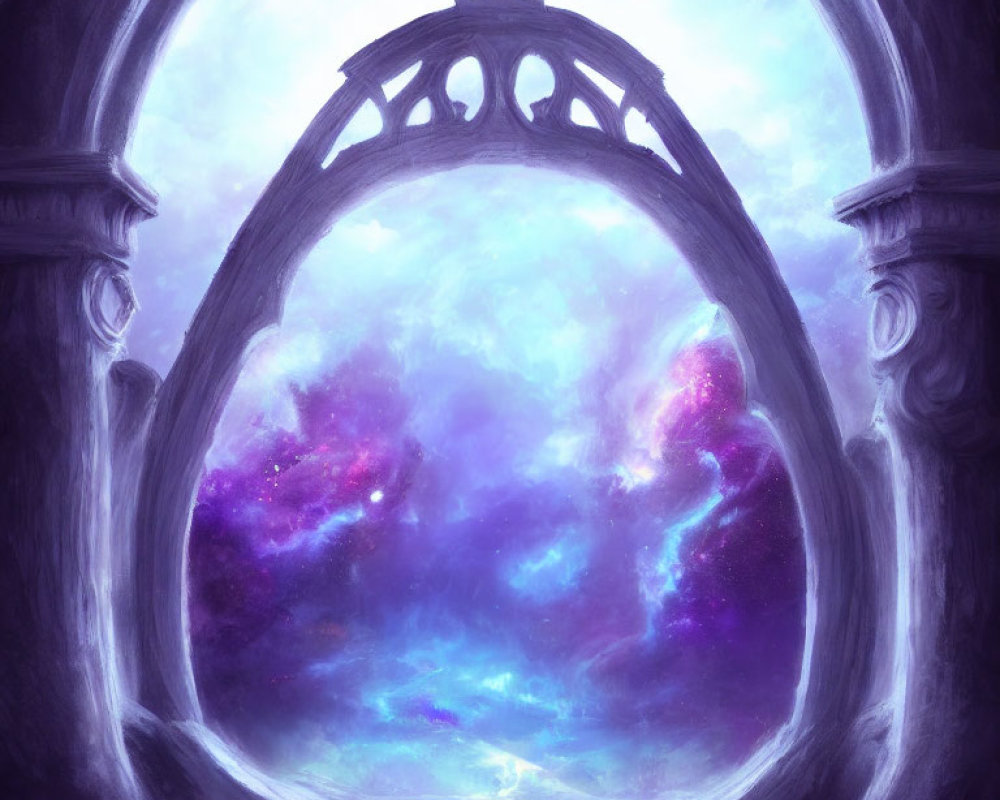 Stone archway frames vibrant swirling galaxy in purple, blue, and pink sky