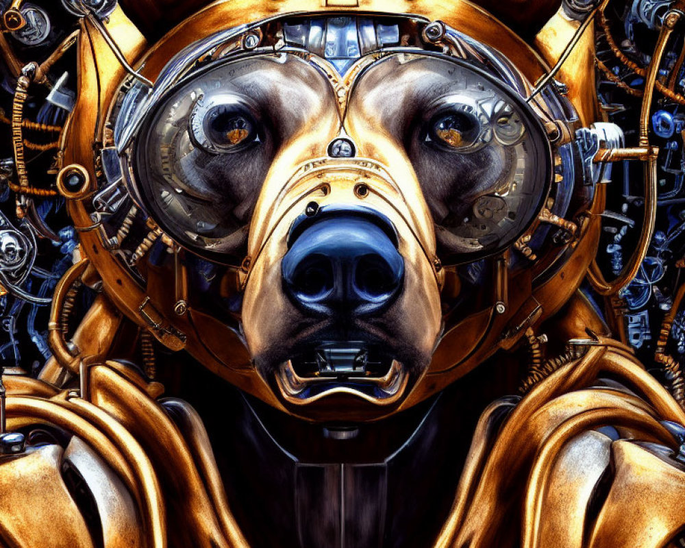 Steampunk-style Mechanical Dog Head with Gold and Blue Metallic Parts