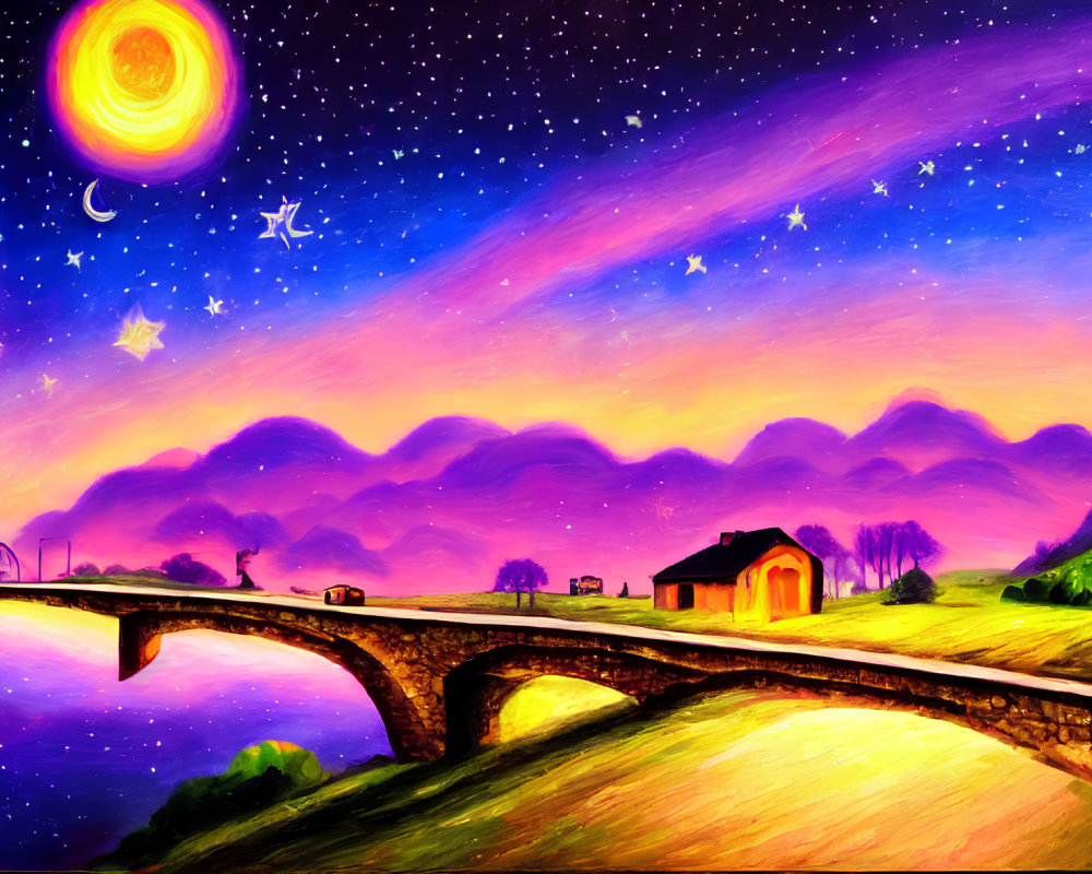 Colorful painting of whimsical night sky with yellow swirl, stars, crescent moon, stone bridge