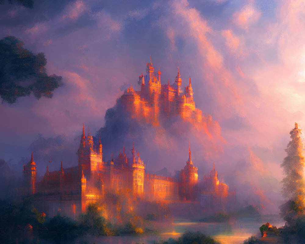 Majestic castle in mist above serene river at dawn or dusk