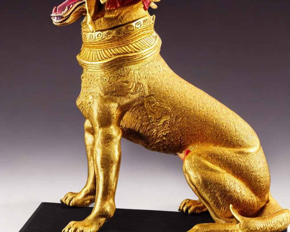 Intricately designed golden seated dog sculpture on black stand