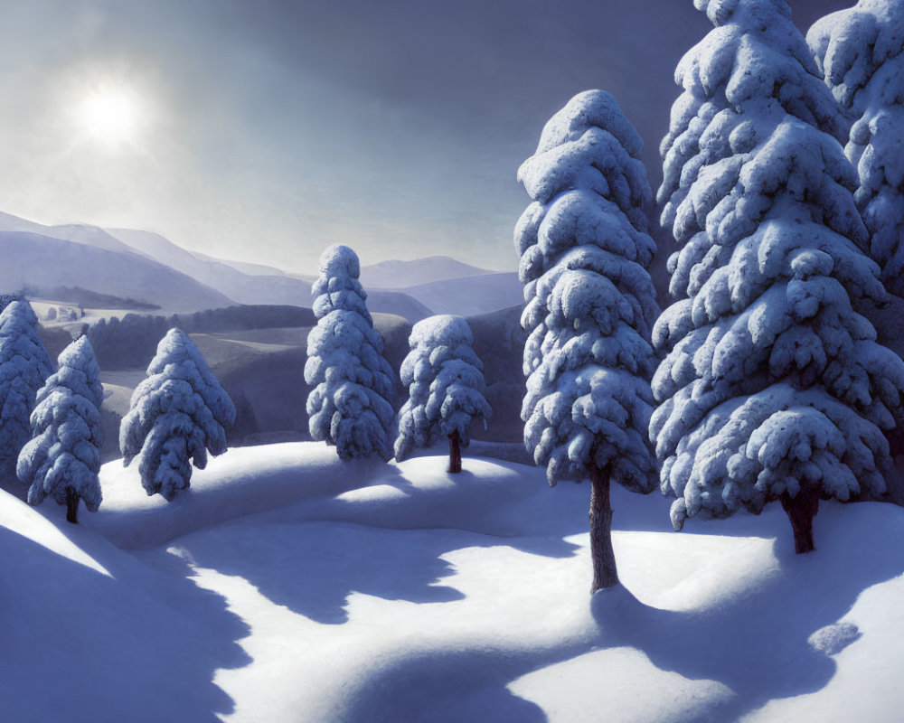 Winter Scene: Snow-covered Evergreen Trees and Sunlit Snowy Landscape