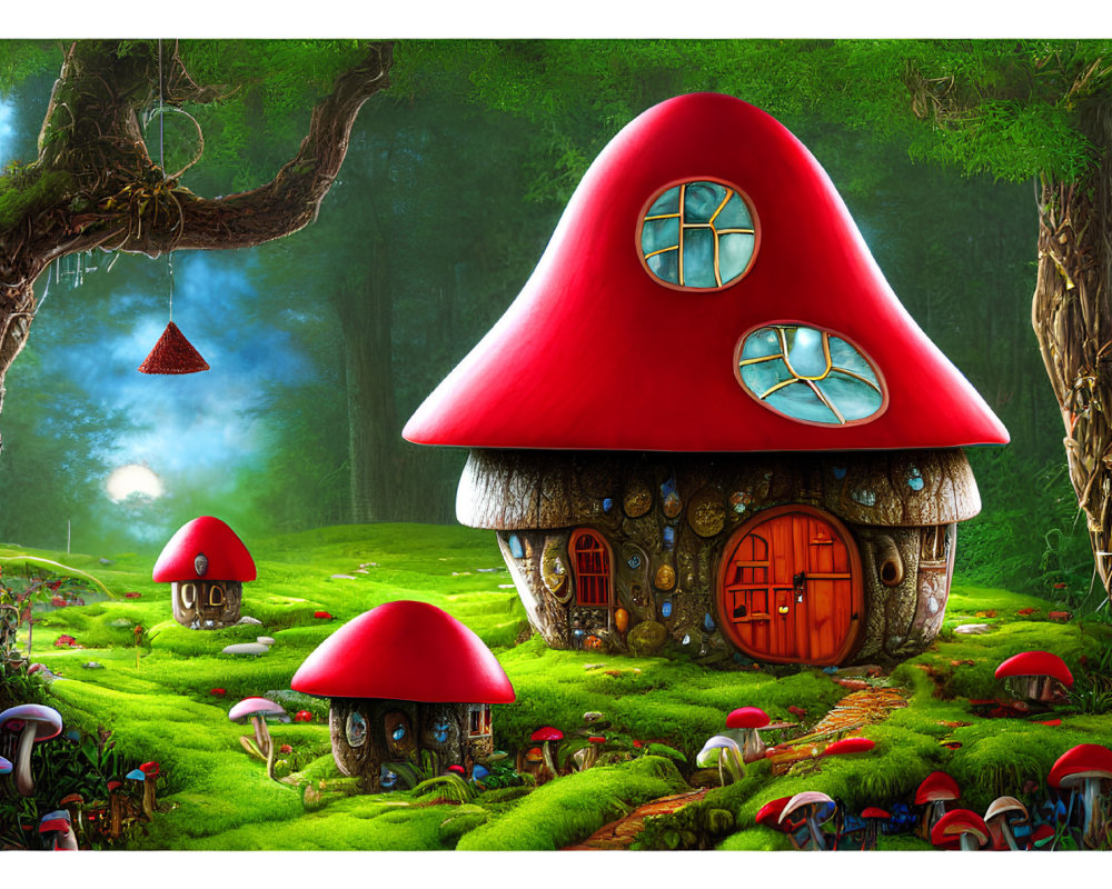 Vibrant forest illustration with fantasy mushroom houses