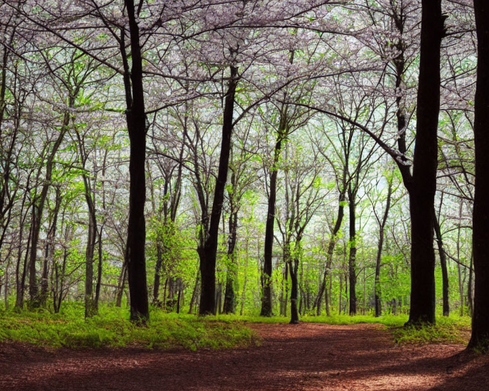 Tranquil forest path with blooming trees and dappled sunlight