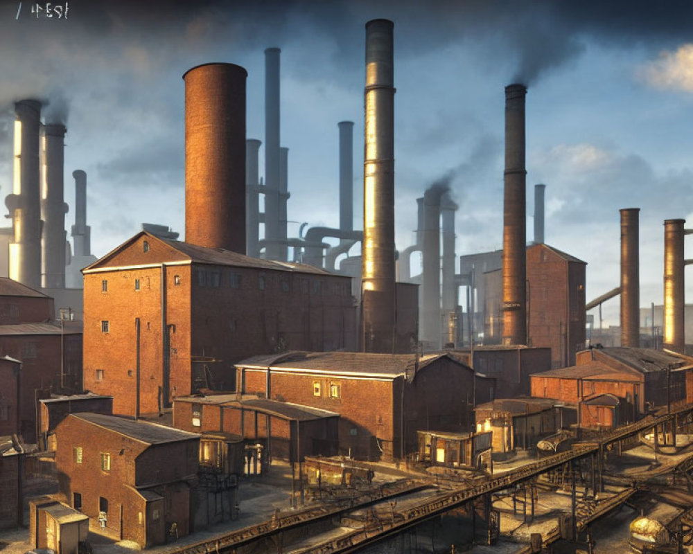 Industrial brick buildings with tall smokestacks emitting dark smoke, connected by train tracks