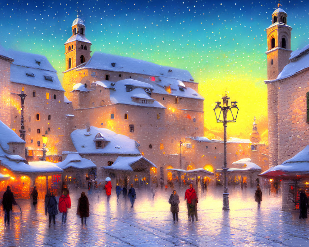 Snow-covered market square at dusk with warm lights and people in winter attire.